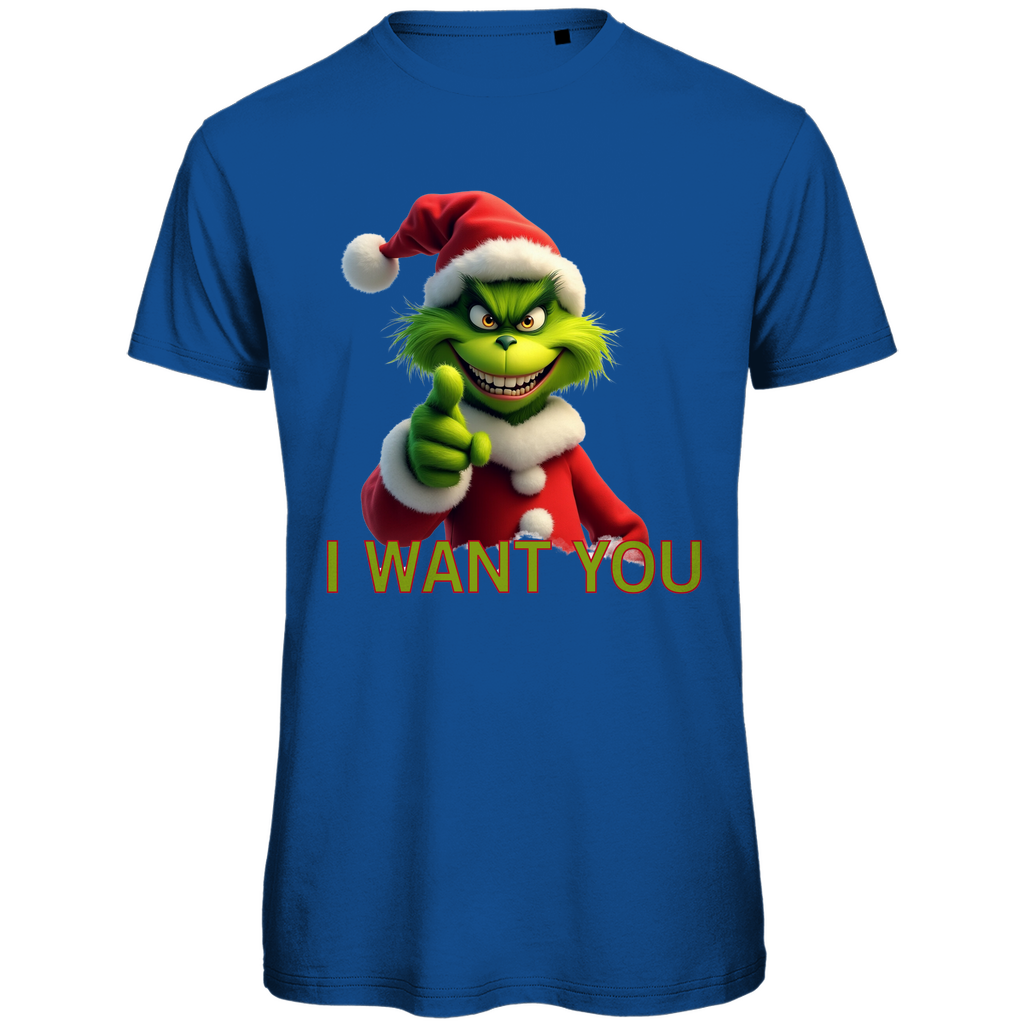 Ein blaues T-Shirt mit einem humorvollen, weihnachtlichen Motiv. Auf der Vorderseite ist eine grüne, grinsende Figur in einem roten Weihnachtsmann-Anzug zu sehen, die direkt in die Kamera zeigt. Darunter steht in gelben Buchstaben mit roter Umrandung der Text "I WANT YOU". Das T-Shirt strahlt eine lustige, festliche Atmosphäre aus und ist perfekt für die Weihnachtszeit geeignet.