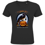 Ein schwarzes T-Shirt mit einem auffälligen Halloween-Design. Im Mittelpunkt steht eine Krähe, die auf einem leuchtenden Kürbis sitzt. Im Hintergrund ist ein großer Vollmond zu sehen, in dem eine fliegende Fledermaus schwebt. Oberhalb des Bildes steht der Schriftzug „The Crow Night“, darunter „Shadows of Halloween“. Das Design vermittelt eine düstere und mysteriöse Halloween-Atmosphäre, perfekt für die herbstliche Jahreszeit.