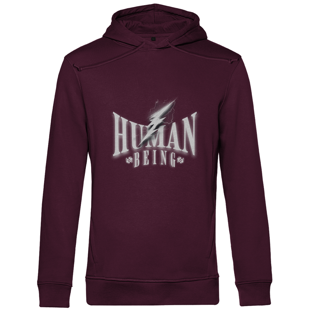 Weinroter Hoodie mit dem Schriftzug „Human Being“ in großen weißen Buchstaben und einem markanten Blitz-Design auf der Brust.