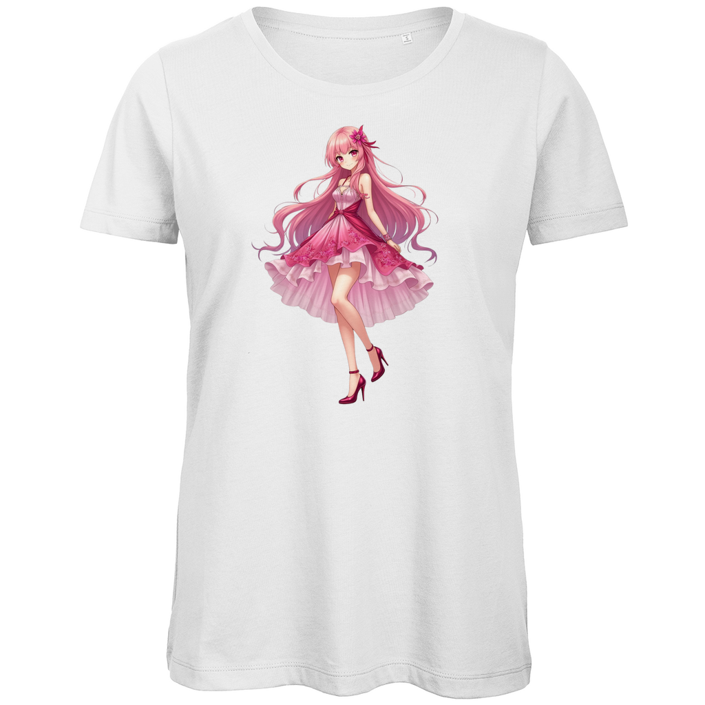 Ein weißes T-Shirt mit einem Anime-Motiv eines stilvollen Mädchens in einem rosa Kleid und High Heels, das eine elegante und verträumte Ausstrahlung hat.