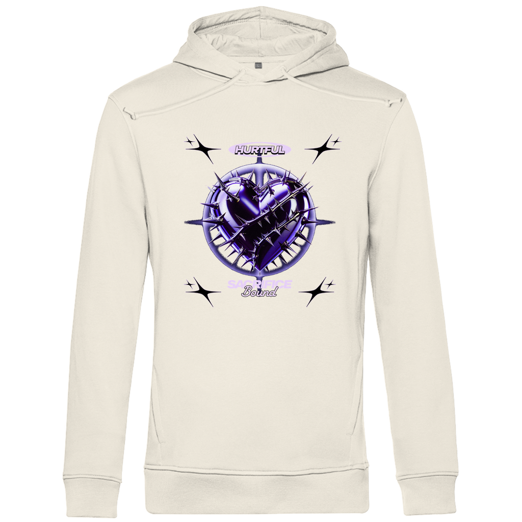 Ein baigefarbener Hoodie mit einem auffälligen Design in der Mitte. Das Motiv zeigt ein violettes Herz, umgeben von Dornen und stachelartigen Elementen. Über dem Herz steht der Schriftzug "Hurtful", darunter "Sacrifice Bound" in hellen Farben. Der Hoodie hat eine künstlerische und emotionale Ausstrahlung, ideal für einen individuellen Look.