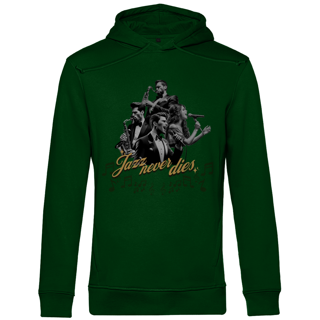 Ein dunkelgrüner Hoodie mit einem lebendigen Jazz-Motiv. Das Design zeigt eine Gruppe von Musikern, die verschiedene Instrumente spielen, umgeben von musikalischen Noten. Der Schriftzug "Jazz never dies" ist in eleganter Schrift unterhalb der Musiker platziert. Das Design vermittelt eine nostalgische und künstlerische Atmosphäre, ideal für Jazzliebhaber.