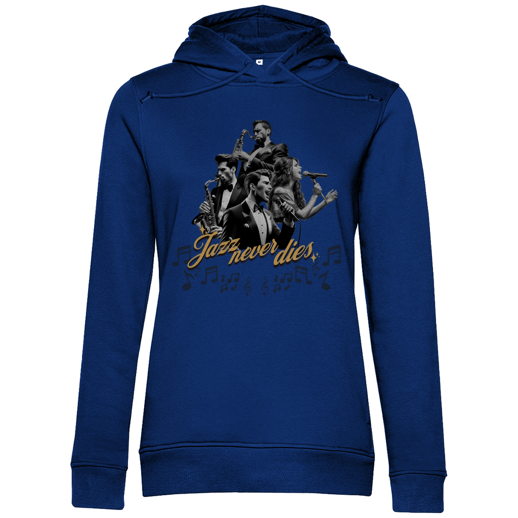 Königsblauer Damen-Hoodie mit einem stilvollen Jazz-Design. Das Motiv zeigt eine Gruppe von Musikern, die verschiedene Instrumente spielen, umgeben von Musiknoten. In der Mitte steht der Schriftzug "Jazz never dies" in goldener Schrift. Der Hoodie vereint kräftige Farben mit einem eleganten musikalischen Thema.