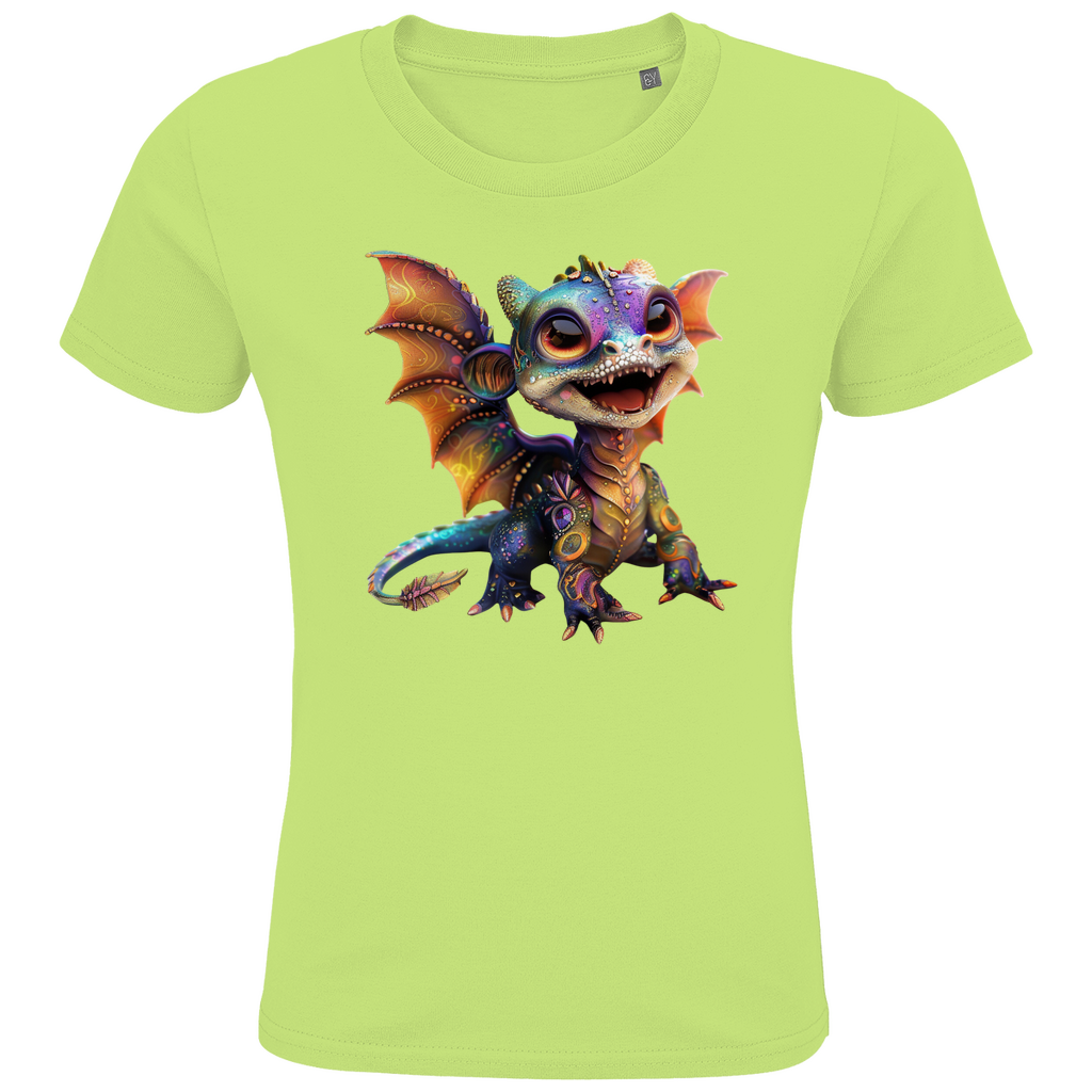 Ein hellgrünes T-Shirt mit einem lebhaften, bunten Drachenmotiv auf der Vorderseite. Der fröhliche Drache ist detailliert und in strahlenden Farben gestaltet, mit großen Augen und einem breiten, freundlichen Lächeln. Die Flügel des Drachens sind ausgebreitet und zeigen eine Mischung aus Orange-, Lila- und Blautönen, die durch glitzernde Muster ergänzt werden. Das Design bringt den Drachen zum Leben und verleiht dem T-Shirt eine fantasievolle und verspielte Note.