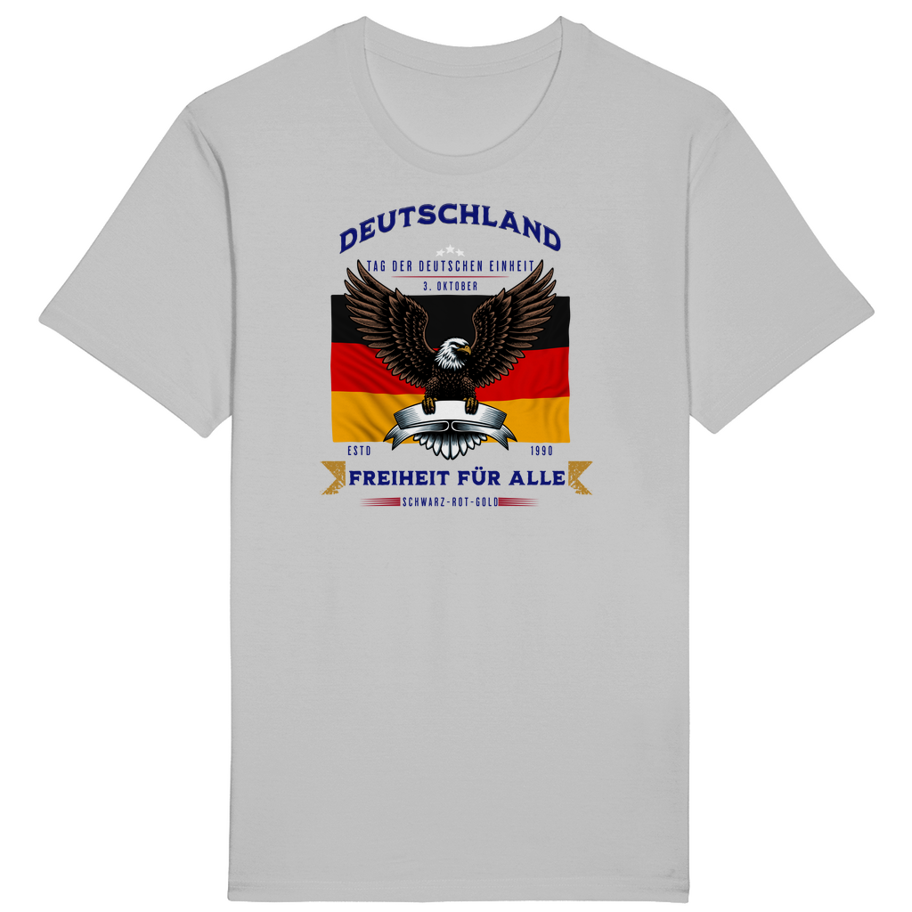 Hellgraues T-Shirt mit patriotischem Design, das die deutsche Flagge und einen imposanten Adler zeigt. Der Schriftzug „Deutschland – Freiheit für alle“ und „Tag der Deutschen Einheit – 3. Oktober“ betont die Bedeutung der deutschen Einheit und Freiheit. Ein markantes Statement für alle, die Stolz und Zusammenhalt symbolisieren und an den Werten von Schwarz-Rot-Gold festhalten.