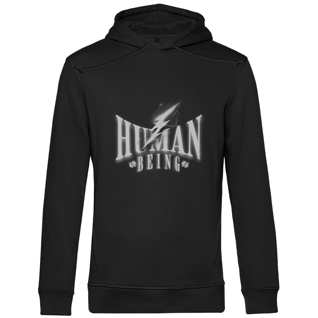 Schwarzer Hoodie mit dem Schriftzug „Human Being“ in großen weißen Buchstaben und einem markanten Blitz-Design auf der Brust.