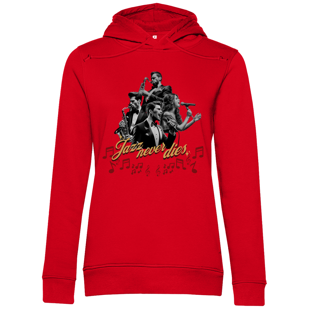 Roter Damen-Hoodie mit einem stilvollen Jazz-Design. Das Motiv zeigt eine Gruppe von Musikern, die verschiedene Instrumente spielen, umgeben von Musiknoten. In der Mitte befindet sich der Schriftzug "Jazz never dies" in goldener Schrift. Der Hoodie kombiniert eine kräftige Farbe mit einem eleganten musikalischen Thema.