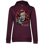 Mintgrüner Damen-Hoodie mit einem Vintage-inspirierten Design. Das Motiv zeigt eine Frau mit roten Locken, die zwinkernd eine Kaffeetasse hält. Der Text auf dem Hoodie lautet „None of my Business!“. Darunter steht: „Your drama is really entertaining to someone else.“. Der Hoodie verbindet Retro-Charme mit einem humorvollen, modernen Statement.