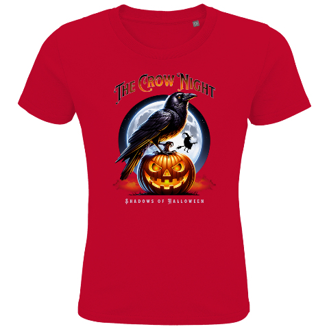 Ein rotes T-Shirt mit einem Halloween-Design. Das Motiv zeigt eine schwarze Krähe, die auf einem leuchtenden Kürbis sitzt, der wie eine Jack-O'-Lantern geschnitzt ist. Im Hintergrund leuchtet ein Vollmond, und eine Fledermaus fliegt vor dem Mond vorbei. Über dem Motiv steht der Text „The Crow Night“, darunter „Shadows of Halloween“. Das Design strahlt eine mystische und düstere Halloween-Atmosphäre aus.