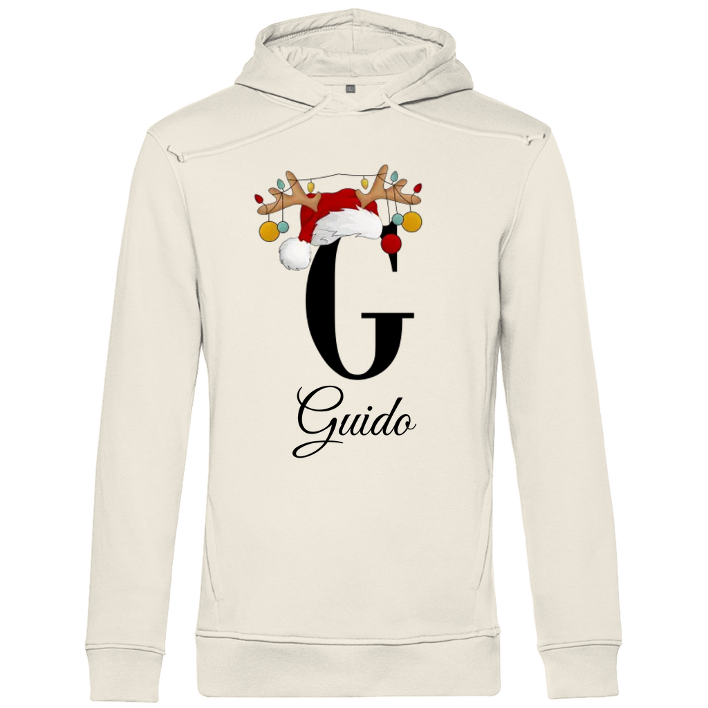 Ein cremefarbener Hoodie mit einem weihnachtlichen Design, das den Buchstaben "G" zeigt. Der Buchstabe ist in Schwarz gehalten und mit einem Weihnachtsmann-Hut sowie Rentiergeweihen verziert, an denen bunte Kugeln hängen. Unter dem Buchstaben ist der personalisierte Name "Guido" in eleganter, geschwungener Schrift zu sehen. Der Hoodie strahlt eine festliche und personalisierte Stimmung aus und eignet sich perfekt für die Winter- und Weihnachtszeit.