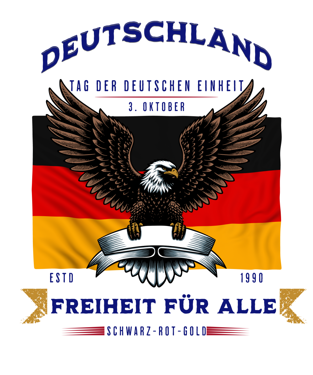 Patriotisches Design mit der deutschen Flagge und einem majestätischen Adler, umgeben von den Worten „Deutschland – Freiheit für alle“ und „Tag der Deutschen Einheit – 3. Oktober“. Dieses Motiv feiert die Einheit und Freiheit Deutschlands mit Stolz und symbolisiert die Werte von Schwarz-Rot-Gold. Ein kraftvolles Statement für alle, die die deutsche Geschichte und den Wert der Freiheit ehren möchten.