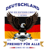 Patriotisches Design mit der deutschen Flagge und einem majestätischen Adler, umgeben von den Worten „Deutschland – Freiheit für alle“ und „Tag der Deutschen Einheit – 3. Oktober“. Dieses Motiv feiert die Einheit und Freiheit Deutschlands mit Stolz und symbolisiert die Werte von Schwarz-Rot-Gold. Ein kraftvolles Statement für alle, die die deutsche Geschichte und den Wert der Freiheit ehren möchten.