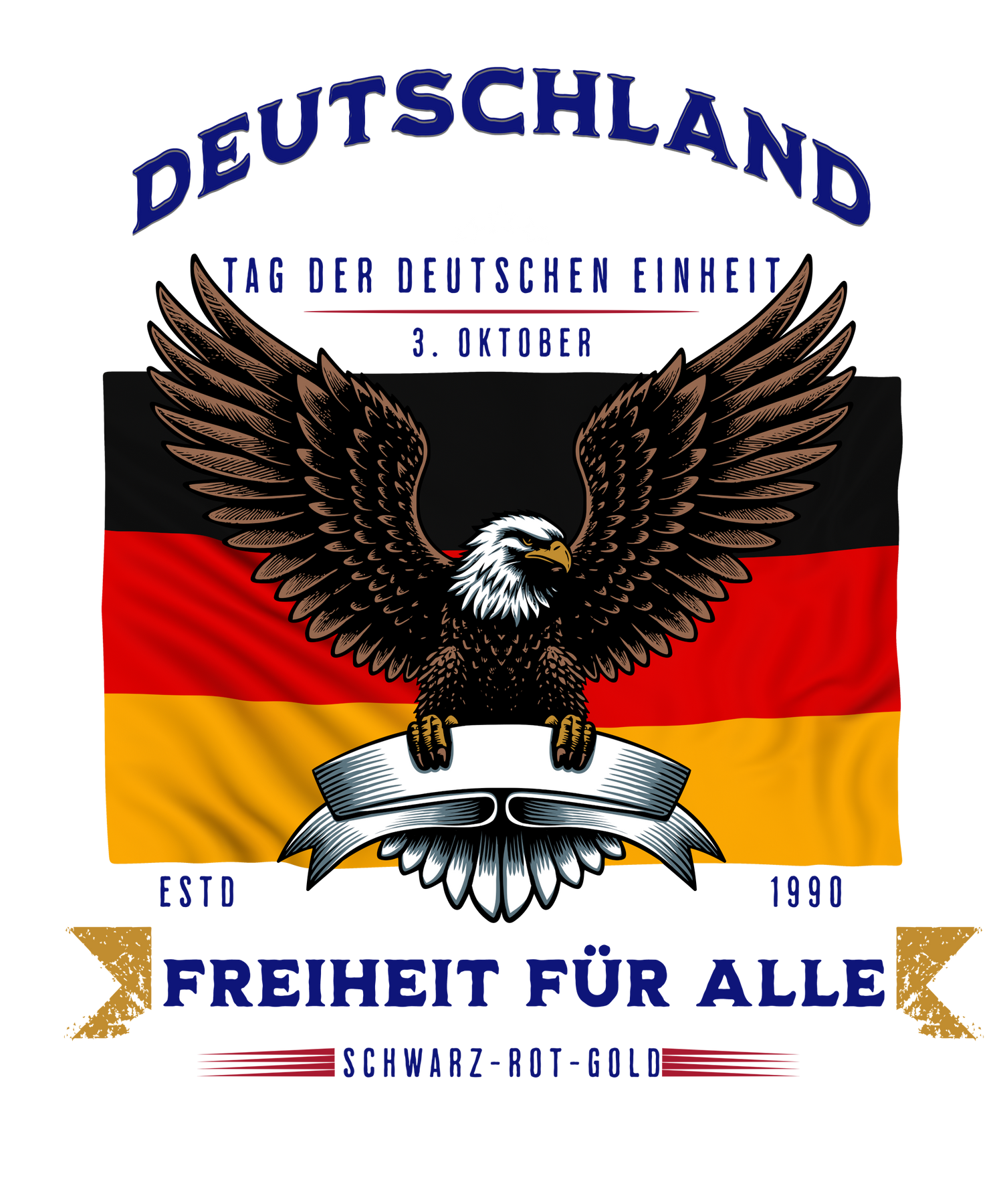 Patriotisches Design mit der deutschen Flagge und einem majestätischen Adler, umgeben von den Worten „Deutschland – Freiheit für alle“ und „Tag der Deutschen Einheit – 3. Oktober“. Dieses Motiv feiert die Einheit und Freiheit Deutschlands mit Stolz und symbolisiert die Werte von Schwarz-Rot-Gold. Ein kraftvolles Statement für alle, die die deutsche Geschichte und den Wert der Freiheit ehren möchten.