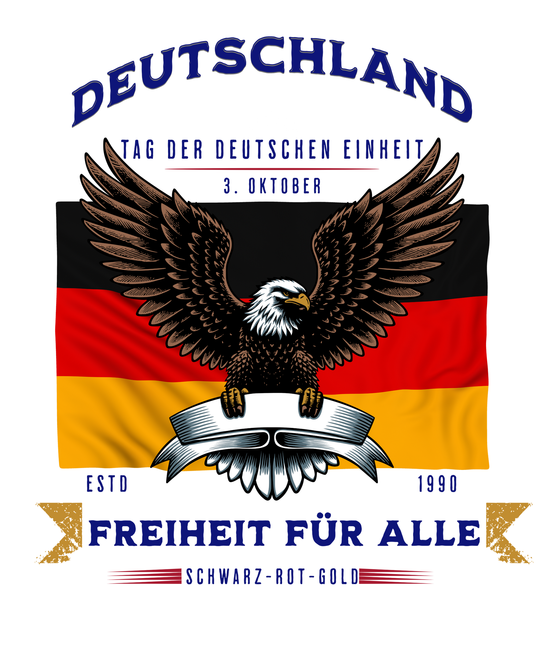 Patriotisches Design mit der deutschen Flagge und einem majestätischen Adler, umgeben von den Worten „Deutschland – Freiheit für alle“ und „Tag der Deutschen Einheit – 3. Oktober“. Dieses Motiv feiert die Einheit und Freiheit Deutschlands mit Stolz und symbolisiert die Werte von Schwarz-Rot-Gold. Ein kraftvolles Statement für alle, die die deutsche Geschichte und den Wert der Freiheit ehren möchten.