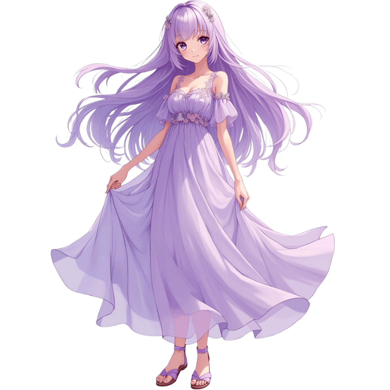 Illustration einer Anime-Figur mit langen, fließenden lila Haaren. Sie trägt ein elegantes, lila Kleid mit Blumenakzenten und Sandalen, in anmutiger Pose.