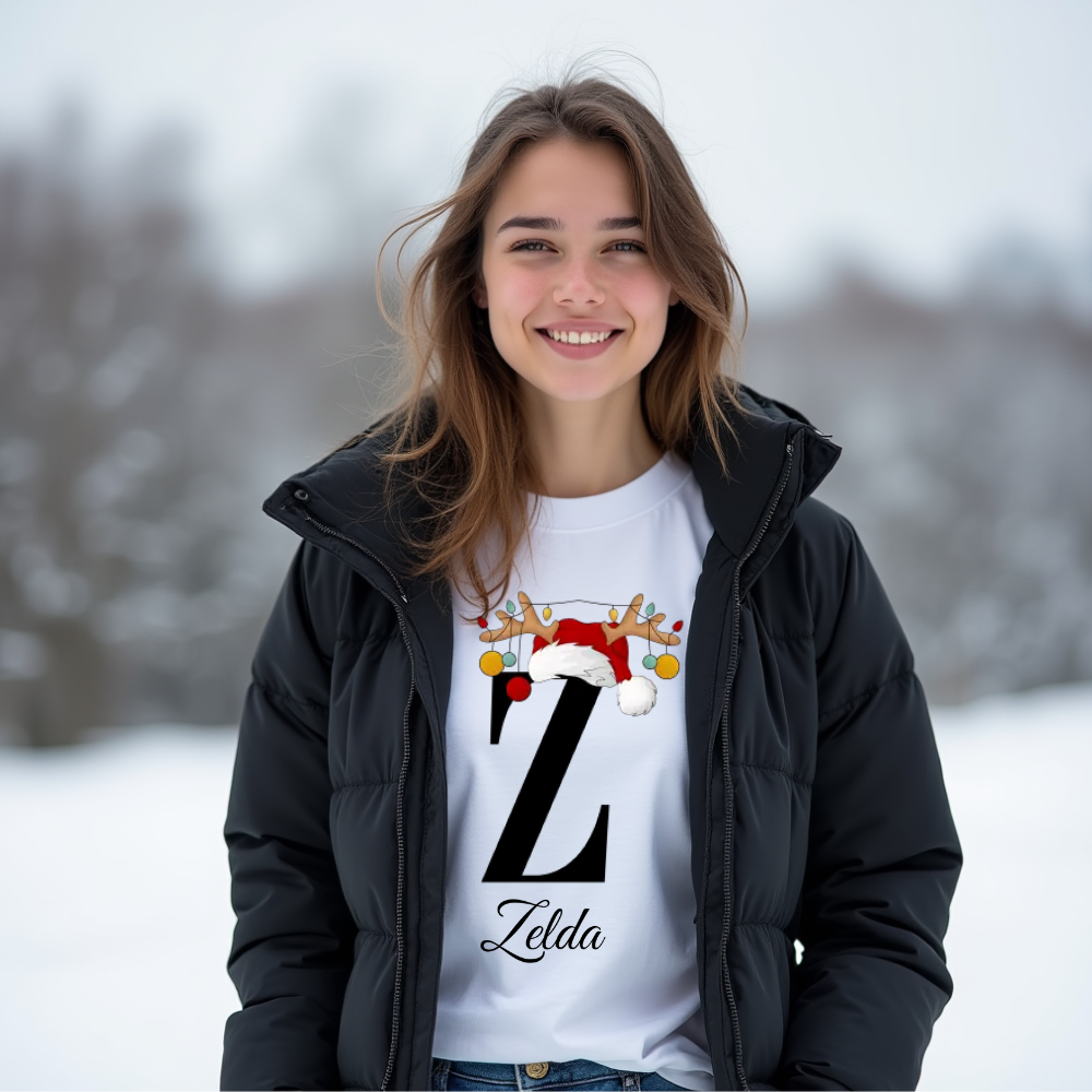 Weißes T-Shirt mit einem großen schwarzen Buchstaben 'Z', geschmückt mit einem Weihnachtsmann-Hut und Rentiergeweih, an dem bunte Kugeln hängen. Darunter steht der Name 'Zelda' in einer eleganten, geschwungenen Schrift. Das Design verleiht eine festliche und persönliche Note.