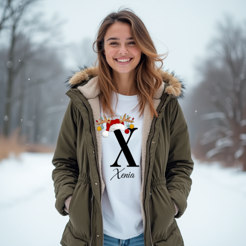 Eine Frau im Schnee trägt ein weißes T-Shirt, das den Buchstaben 'X' in schwarzer Schrift zeigt, dekoriert mit einem Weihnachtsmann-Hut und Rentiergeweih, an dem bunte Kugeln hängen. Unter dem Buchstaben steht der Name 'Xenia' in eleganter, geschwungener Schrift. Das Design verleiht dem Outfit eine weihnachtliche Stimmung.