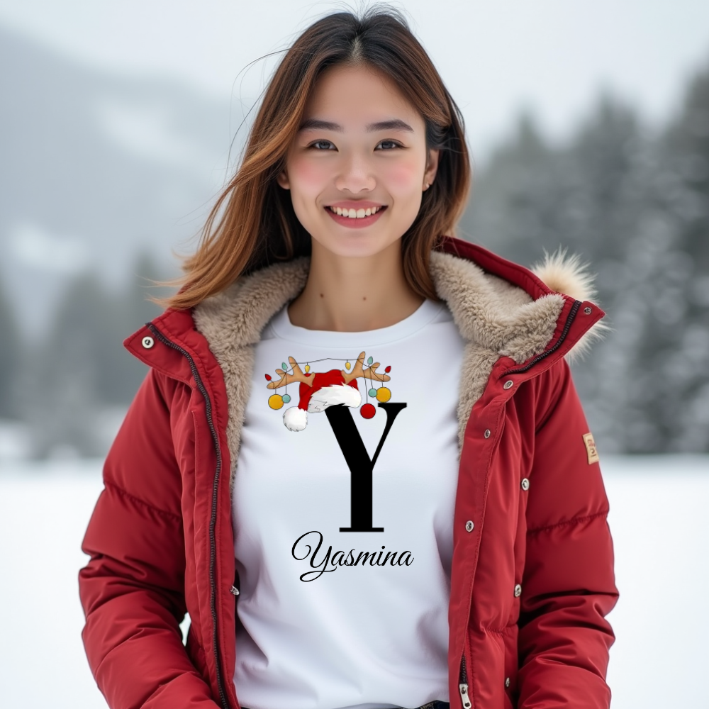 Weißes T-Shirt mit einem großen, schwarzen Buchstaben 'Y' in der Mitte, geschmückt mit einem Weihnachtsmann-Hut und einem Rentiergeweih, an dem bunte Kugeln hängen. Darunter steht der Name 'Yasmina' in eleganter, geschwungener Schrift. Das Design verleiht dem T-Shirt eine festliche und persönliche Ausstrahlung.