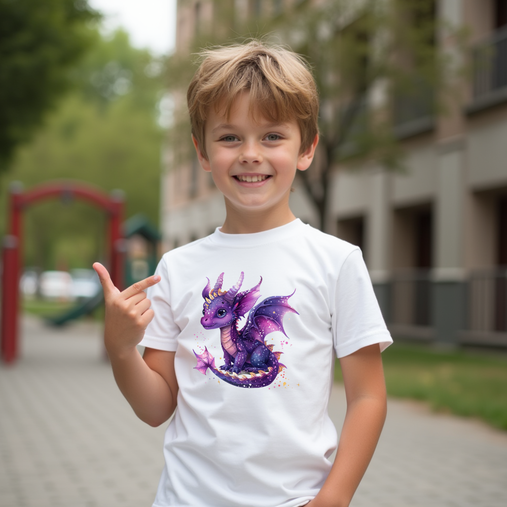 Ein lächelnder Junge trägt ein weißes T-Shirt mit einem lila Drachenmotiv und steht draußen auf einem Spielplatz. Der Drache auf seinem Shirt hat große, freundliche Augen, funkelnde Details und Flügel in Violett- und Blautönen. Der Junge zeigt mit einem Finger auf das Drachenmotiv und wirkt begeistert. Im Hintergrund sind unscharf ein Klettergerüst und Bäume zu sehen, die eine entspannte, fröhliche Atmosphäre schaffen.