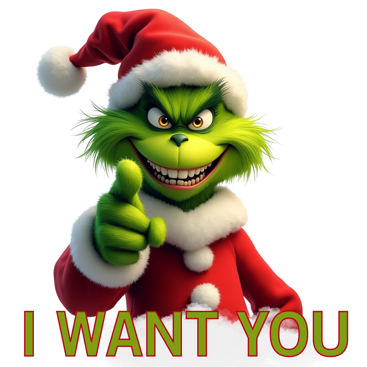 Eine grüne, grinsender Grinch in einem roten Weihnachtsmann-Anzug und -Mütze zeigt direkt in die Kamera. Darunter steht in roten Buchstaben mit grüner Umrandung der Text "I WANT YOU". Das Bild vermittelt eine humorvolle und festliche Stimmung, passend zur Weihnachtszeit.