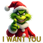 Eine grüne, grinsender Grinch in einem roten Weihnachtsmann-Anzug und -Mütze zeigt direkt in die Kamera. Darunter steht in roten Buchstaben mit grüner Umrandung der Text "I WANT YOU". Das Bild vermittelt eine humorvolle und festliche Stimmung, passend zur Weihnachtszeit.