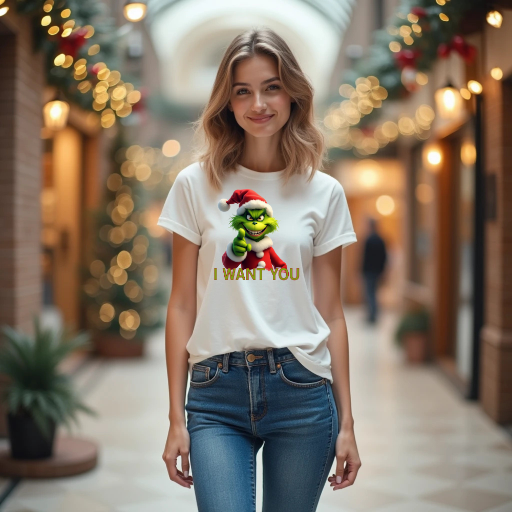 Alt-Text: Eine Frau trägt ein weißes T-Shirt mit einem humorvollen, weihnachtlichen Motiv. Auf der Vorderseite ist eine grüne Figur mit Weihnachtsmann-Mütze abgebildet, die direkt in die Kamera zeigt. Darunter steht in gelben Buchstaben der Text "I WANT YOU". Die Frau steht in einem festlich geschmückten Innenbereich, der eine warme, weihnachtliche Atmosphäre erzeugt.