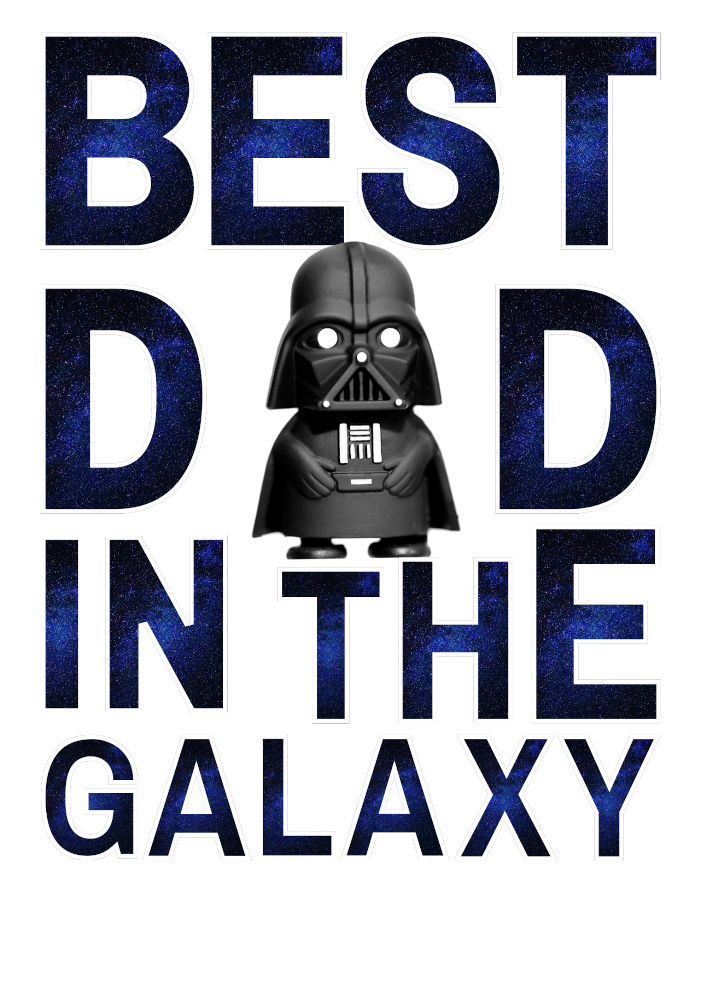 T-Shirt-Design mit dem Spruch: „Best Dad in the Galaxy“. Der Text ist in großen, blau-schimmernden Buchstaben gestaltet, die an den Sternenhimmel erinnern. In der Mitte des Designs steht eine niedliche Figur in ikonischer Rüstung, die das Wort „Dad“ zum Blickfang macht. Ein perfektes Geschenk für alle Väter, die in den Augen ihrer Kinder die wahren Helden des Universums sind!