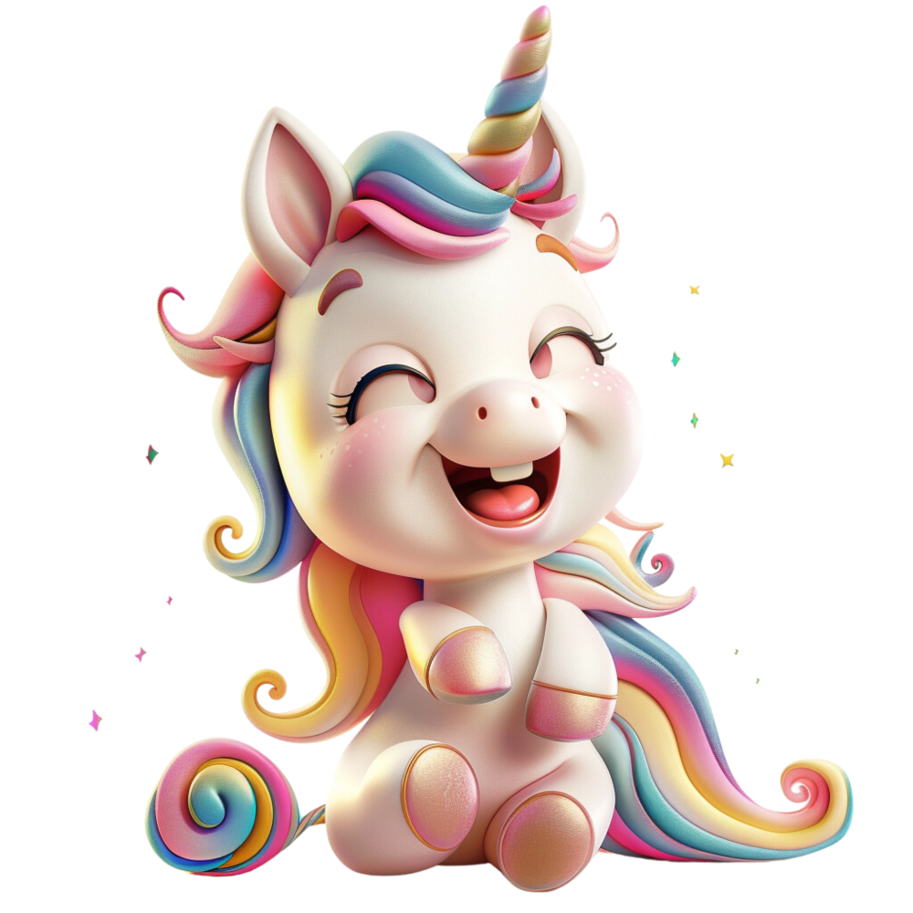 Das Bild zeigt ein süßes, lachendes Einhorn mit großen, ausdrucksstarken Augen und einer regenbogenfarbenen Mähne. Es hat ein freundliches Gesicht mit kleinen Pausbäckchen und fröhlichem Lächeln, das gute Laune verbreitet. Die Mähne und der Schweif sind in sanften Pastelltönen gehalten, und das Einhorn trägt auf seinem Kopf ein gedrehtes Horn in Regenbogenfarben. Ein ideales Design für Kinderbekleidung oder Accessoires, das eine magische und fröhliche Atmosphäre vermittelt.