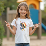 Das Bild zeigt ein fröhliches Mädchen, das ein weißes T-Shirt mit einem niedlichen Einhorn-Motiv trägt. Das Einhorn ist in lebhaften Regenbogenfarben gestaltet, mit einer glänzenden Mähne und großen, ausdrucksstarken Augen. Das farbenfrohe Design verleiht dem T-Shirt eine verspielte und magische Note, perfekt für Kinder, die fantasievolle und bunte Motive lieben. Der Hintergrund deutet auf einen Spielplatz hin, was die fröhliche und entspannte Stimmung des Bildes unterstützt.