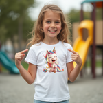 Das Bild zeigt ein fröhliches Mädchen im weißen T-Shirt mit einem niedlichen Einhorn-Design auf der Vorderseite. Das Einhorn ist farbenfroh gestaltet mit einer regenbogenfarbenen Mähne und einem lächelnden Ausdruck, was dem Shirt einen spielerischen und magischen Look verleiht. Die Szene findet auf einem Spielplatz statt, was die kindliche Freude und Unbeschwertheit widerspiegelt.