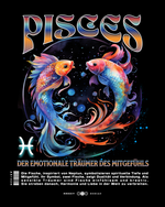 Design mit dem Sternzeichen "Fische". Zwei bunte Fische schwimmen in einem stilisierten Wasseruniversum, das von Blasen und leuchtenden Farben umgeben ist. Der große Schriftzug „Pisces“ dominiert das obere Bild, während unten der Titel „Der emotionale Träumer des Mitgefühls“ und eine Beschreibung stehen. Sie beschreibt Fische als tiefgründig, empathisch und inspiriert von Neptun, mit einer Vorliebe für Harmonie und Kreativität.