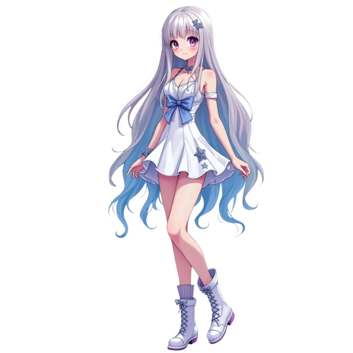 Eine Anime-Figur mit langen, silbernen Haaren, die an den Spitzen in einem zarten Blau schimmern. Sie trägt ein kurzes, elegantes weißes Kleid mit blauen Schleifen und Sternverzierungen, das ihre Anmut und Sanftheit unterstreicht. Dazu passen weiße, geschnürte Stiefel mit einem Hauch von Lila. Die Figur strahlt eine zauberhafte und verträumte Ausstrahlung aus.







