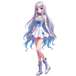 Eine Anime-Figur mit langen, silbernen Haaren, die an den Spitzen in einem zarten Blau schimmern. Sie trägt ein kurzes, elegantes weißes Kleid mit blauen Schleifen und Sternverzierungen, das ihre Anmut und Sanftheit unterstreicht. Dazu passen weiße, geschnürte Stiefel mit einem Hauch von Lila. Die Figur strahlt eine zauberhafte und verträumte Ausstrahlung aus.







