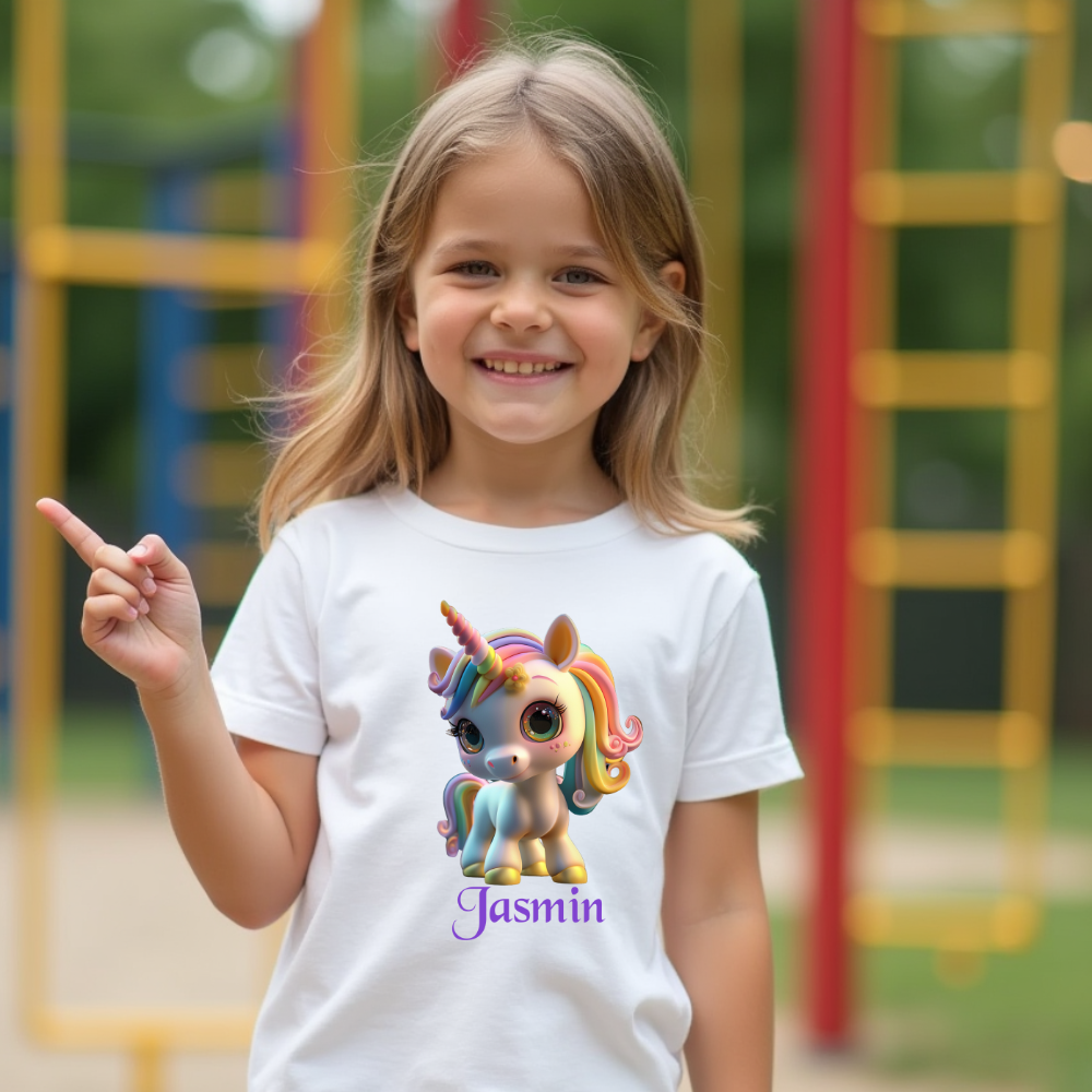 Personalisiertes Kinder Premium Bio Baumwoll-T-Shirt Einhorn Jasmin