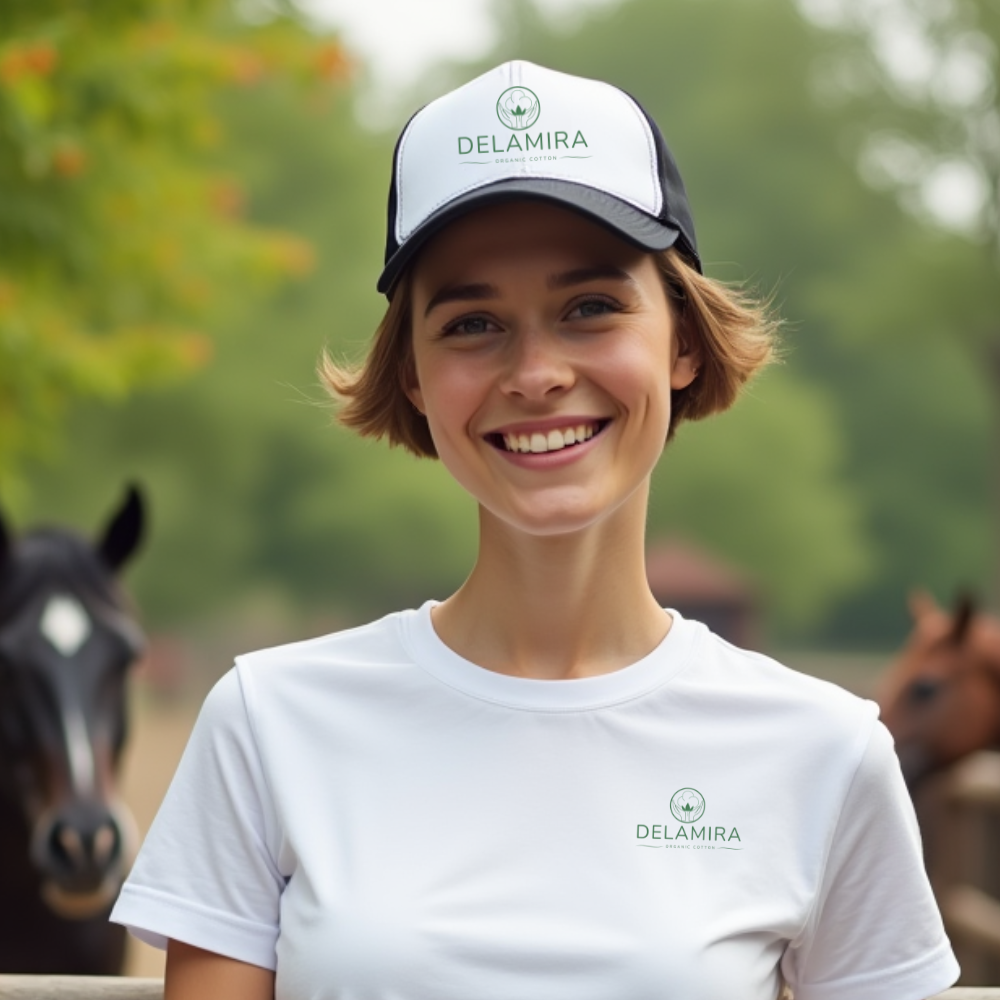 Eine Frau trägt eine weiße Trucker-Cap mit dem Delamira-Logo und ein passendes T-Shirt. Im Hintergrund sind Pferde auf einem Pferdehof zu sehen.