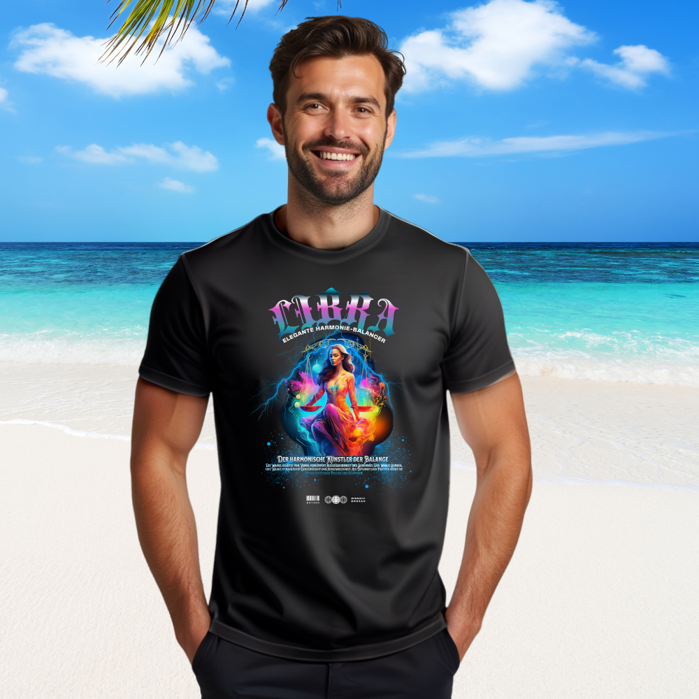 Ein fröhlich lächelnder Mann steht am Strand vor türkisblauem Meer und einem strahlend blauen Himmel. Er trägt ein schwarzes T-Shirt mit einem farbenfrohen Design zum Sternzeichen Waage. Der Aufdruck zeigt eine weibliche Figur, die das Sternzeichen Waage symbolisiert, umgeben von Blitz- und Feuereffekten, mit dem Schriftzug „TERRA – Elegante Harmonie-Balancer“ darüber. Darunter befinden sich zusätzliche kleinere Textelemente, die das Sternzeichen weiter beschreiben.