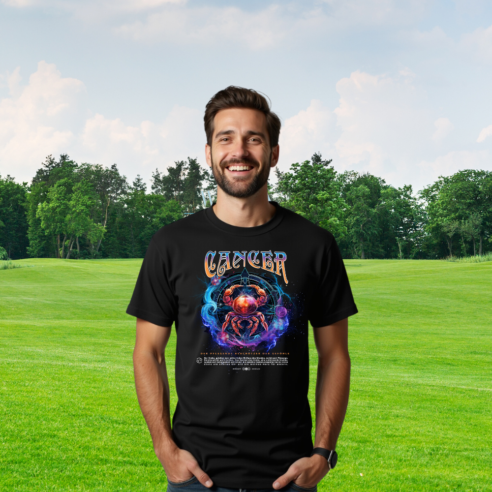 Ein lächelnder Mann trägt ein schwarzes T-Shirt mit einem auffälligen Design zum Sternzeichen Krebs. Das Motiv zeigt eine stilisierte Krabbe, umgeben von blauen und violetten Galaxie- und Wassereffekten, mit dem Schriftzug „CANCER“ darüber. Das Design hebt sich deutlich vom schwarzen Hintergrund ab und verleiht dem T-Shirt eine mystische Ausstrahlung.