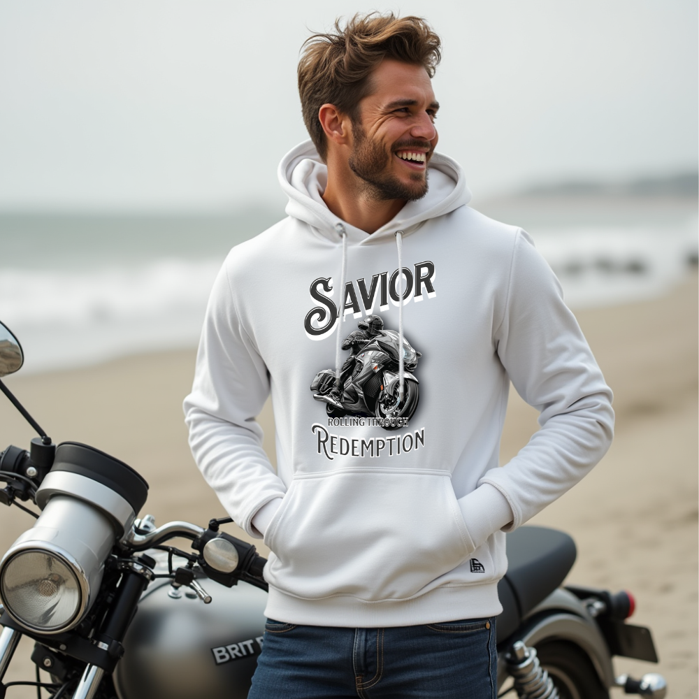 Ein Mann im weißen Hoodie mit einem Motorrad-Design. Der Aufdruck zeigt ein kraftvolles Motorrad in Bewegung, darüber der Schriftzug "Savior" und darunter "Rolling Through Redemption". Der Hintergrund zeigt einen Strand, was eine entspannte und gleichzeitig abenteuerliche Atmosphäre erzeugt. Der Hoodie wirkt stylisch und ist perfekt für Motorradliebhaber, die Freiheit und Abenteuer suchen.