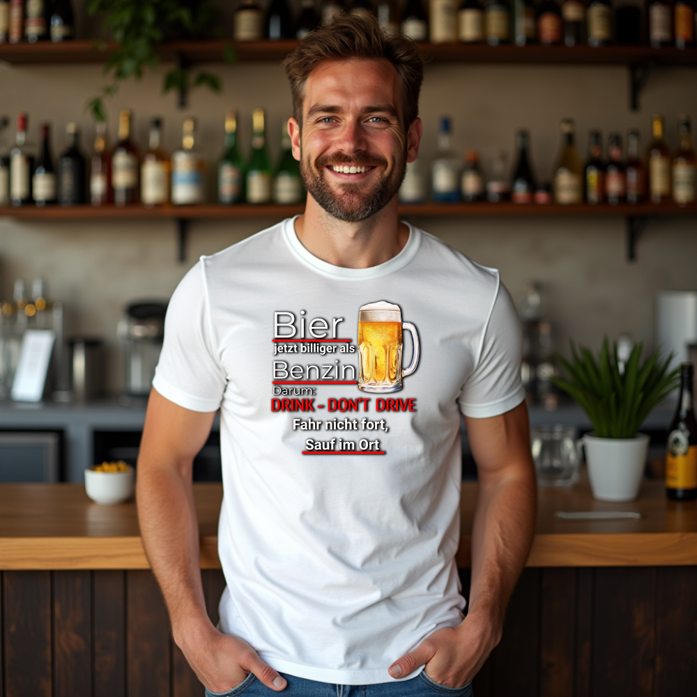 Weißes T-Shirt mit einem humorvollen Spruch, der das Thema „Drink - Don't Drive“ aufgreift. Der Text lautet: „Bier jetzt billiger als Benzin. Darum DRINK - DON'T DRIVE. Fahr nicht fort, sauf im Ort.“ Neben dem Text ist ein Bierkrug mit Schaum abgebildet. Der Träger lächelt und steht in einer Bar mit Flaschen im Hintergrund.