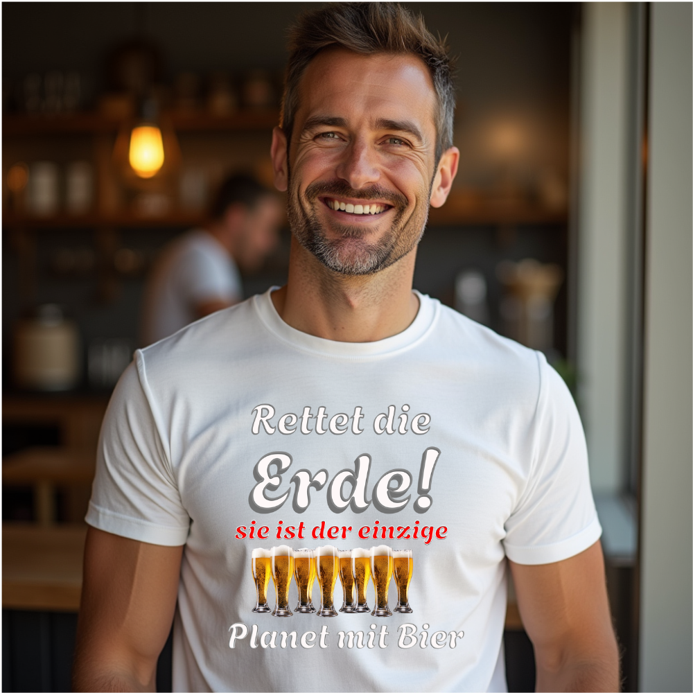 Weißes T-Shirt mit humorvollem Spruch: „Rettet die Erde! Sie ist der einzige Planet mit Bier.“ Der Text „Rettet die Erde!“ ist in großer, auffälliger Schrift, während „sie ist der einzige“ in Rot hervorgehoben ist. Unter dem Spruch sind mehrere Biergläser abgebildet. Der Träger lächelt und steht in einer gemütlichen Umgebung.