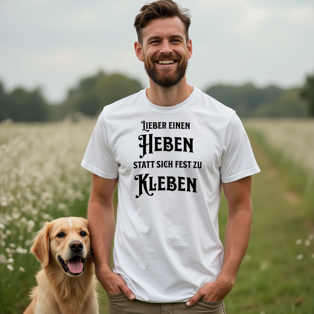 Ein Mann trägt ein weißes T-Shirt mit einem humorvollen Spruch: „Lieber einen heben statt sich fest zu kleben.“ Der Text spielt augenzwinkernd auf das Thema Gelassenheit und Genuss an. Perfekt für alle, die das Leben locker nehmen und gerne mit einem Lächeln unterwegs sind – auch in Gesellschaft eines treuen Vierbeiners!