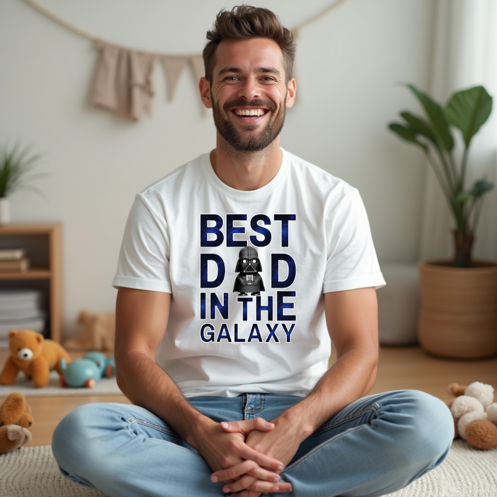 Ein Mann trägt ein weißes T-Shirt mit dem Aufdruck „Best Dad in the Galaxy“. Der Text ist groß und klar gestaltet, wobei das „A“ in „DAD“ durch eine stilisierte, ikonische Maske ersetzt ist, die an ein berühmtes Weltraum-Universum erinnert. Ein perfektes Shirt für alle Väter, die ihre Liebe zum Universum und zur Familie gleichermaßen feiern!