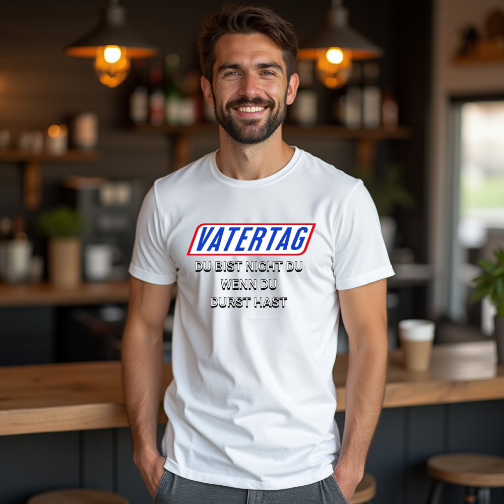 Ein Mann trägt ein weißes T-Shirt mit einem humorvollen Vatertags-Spruch: „Vatertag – Du bist nicht du, wenn du Durst hast.“ Der Text spielt humorvoll auf die bekannte Werbebotschaft an und ist in einer auffälligen, markanten Schrift gestaltet. Ein ideales Shirt für den Vatertag, das garantiert für Lacher sorgt und die lustige Seite des Tages hervorhebt!