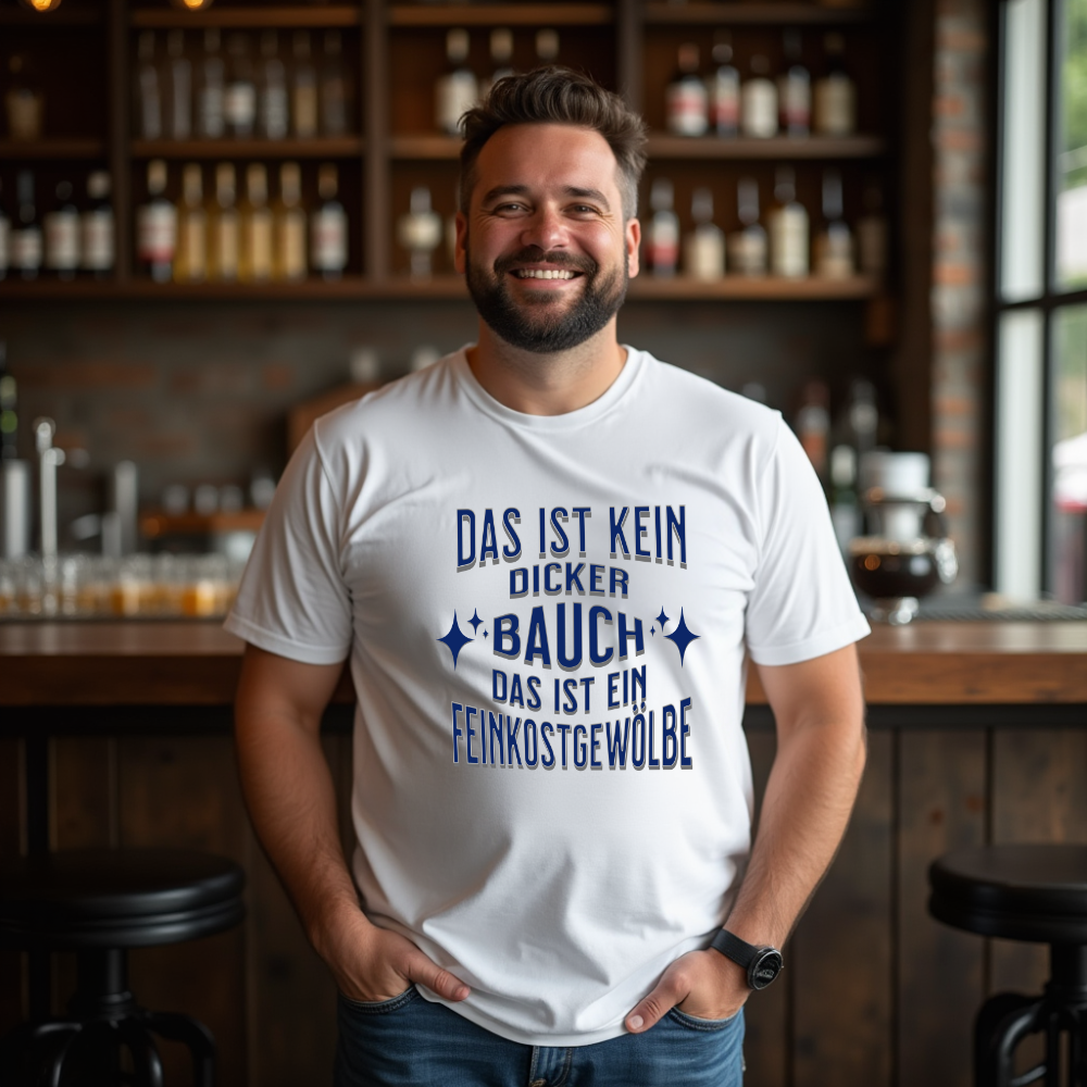 Ein Mann trägt ein weißes T-Shirt mit einem humorvollen Spruch: „Das ist kein dicker Bauch, das ist ein Feinkostgewölbe.“ Der Text ist in einer verspielten, blauen Schrift gestaltet und wird durch kleine Sternsymbole ergänzt. Ein witziges Shirt für alle, die mit einem Augenzwinkern zu ihrer Figur stehen und stolz ihr „Feinkostgewölbe“ präsentieren!