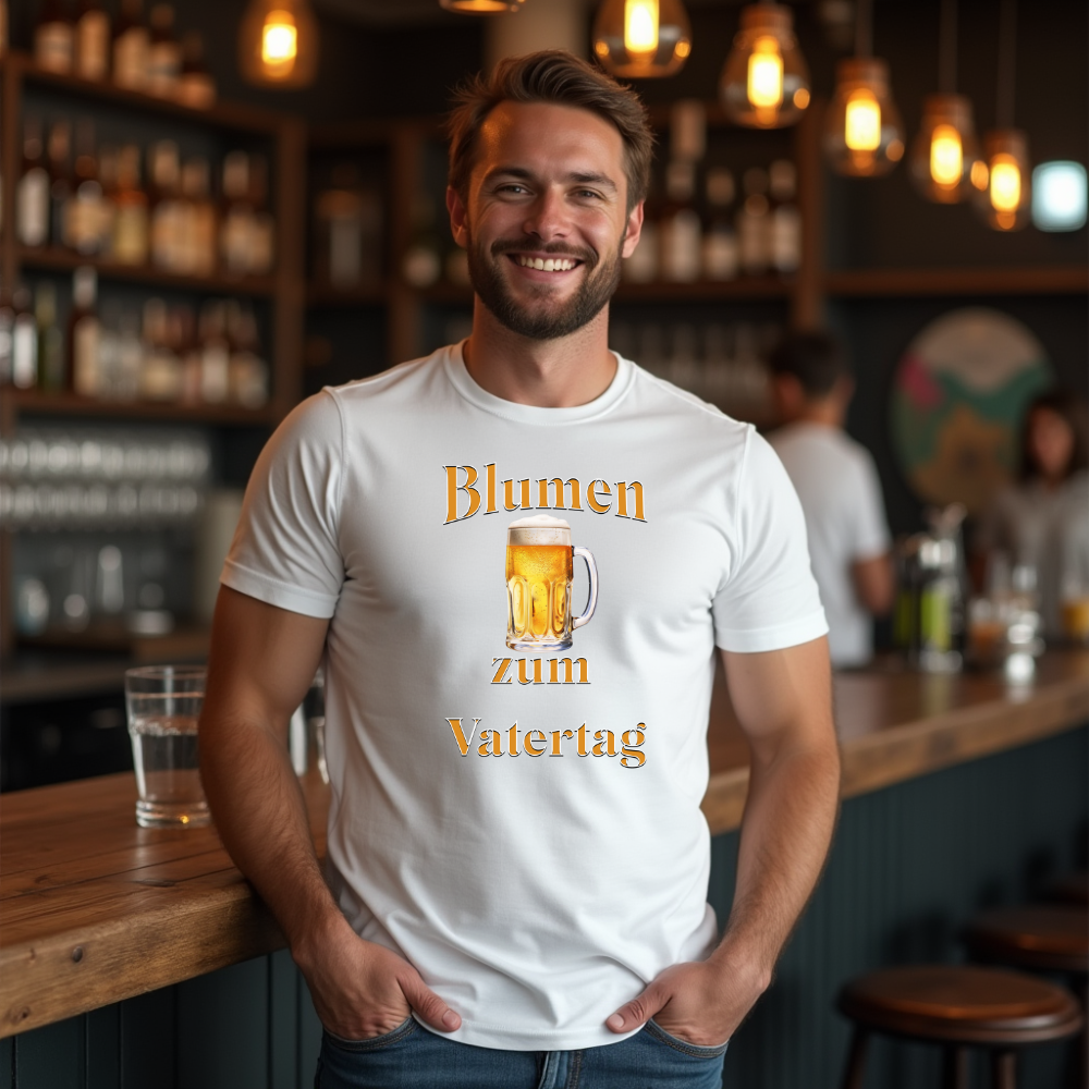 Ein Mann trägt ein weißes T-Shirt mit dem humorvollen Spruch: „Blumen zum Vatertag“. In der Mitte des Designs befindet sich ein Bierkrug mit goldenem Bier, der als witzige Interpretation von „Blumen“ für den Vatertag dient. Ein perfektes Shirt für Väter, die mit einem Augenzwinkern auf ihr Lieblingsgetränk zum Ehrentag anstoßen möchten!