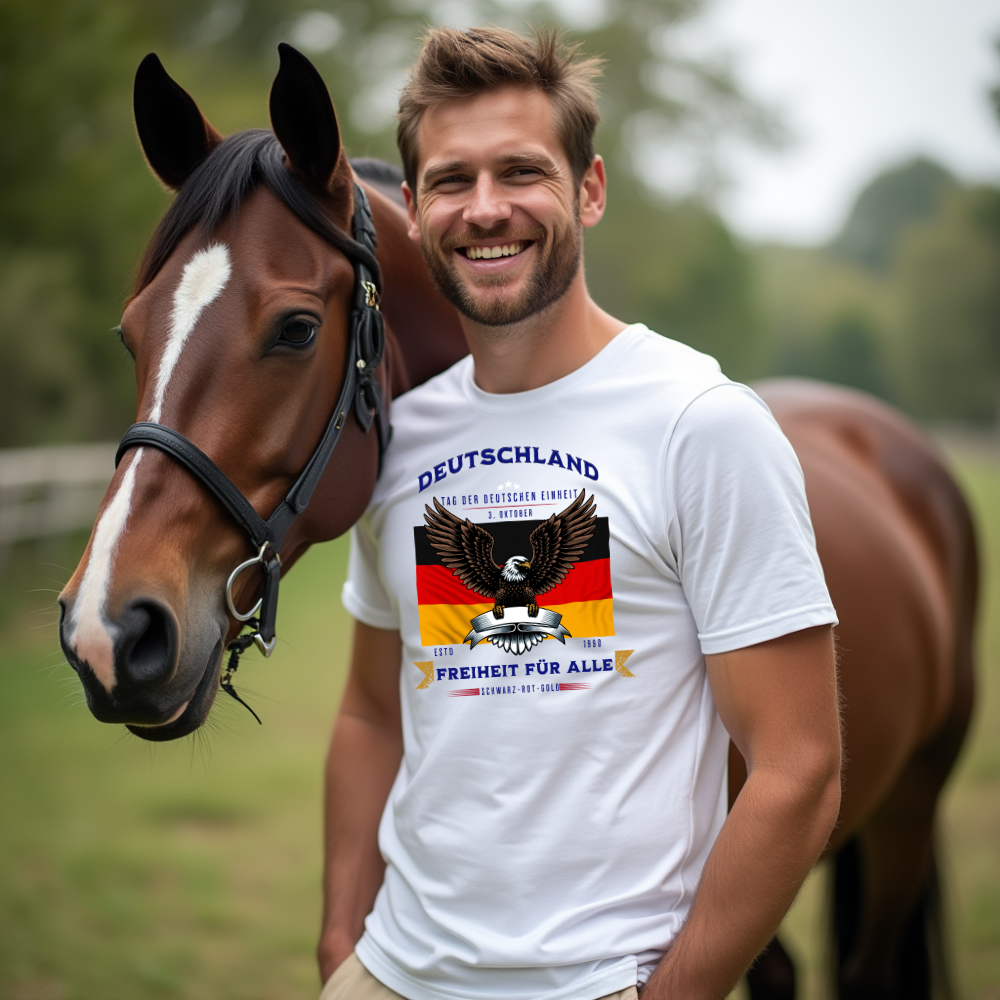 Ein Mann trägt ein weißes T-Shirt mit einem patriotischen Design, das die deutsche Flagge und einen Adler zeigt. Der Text „Deutschland – Freiheit für alle“ ist prominent zu sehen, zusammen mit dem Hinweis auf den Tag der Deutschen Einheit, den 3. Oktober. Ein stolzes Statement für alle, die die deutsche Einheit und Freiheit feiern möchten.