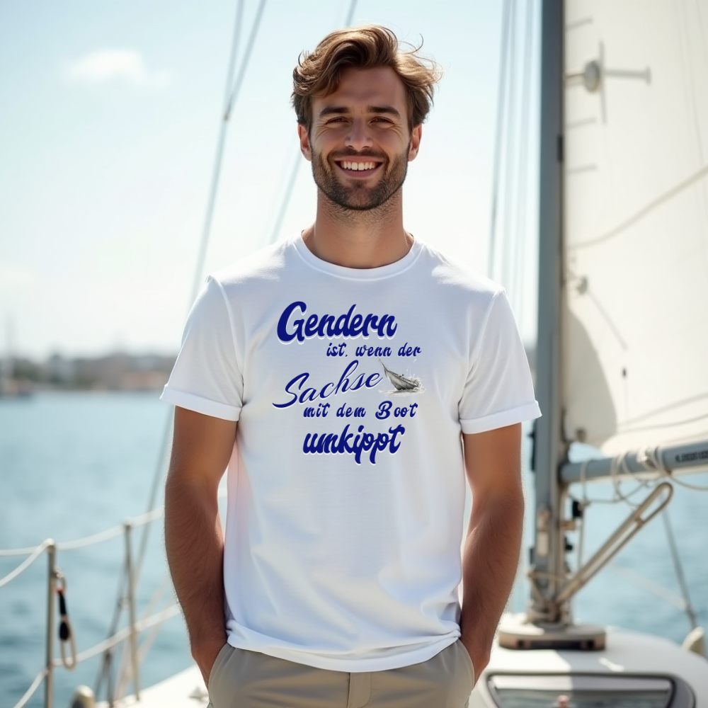 Ein humorvolles T-Shirt-Design, das die Bedeutung von „Gendern“ auf eine witzige Weise interpretiert: „Gendern ist, wenn der Sachse mit dem Boot umkippt“. Der Text ist in verspielter blauer Schrift gestaltet, ergänzt durch eine kleine Illustration eines umgekippten Bootes. Perfekt für alle, die den sächsischen Dialekt und eine gute Portion Humor schätzen.