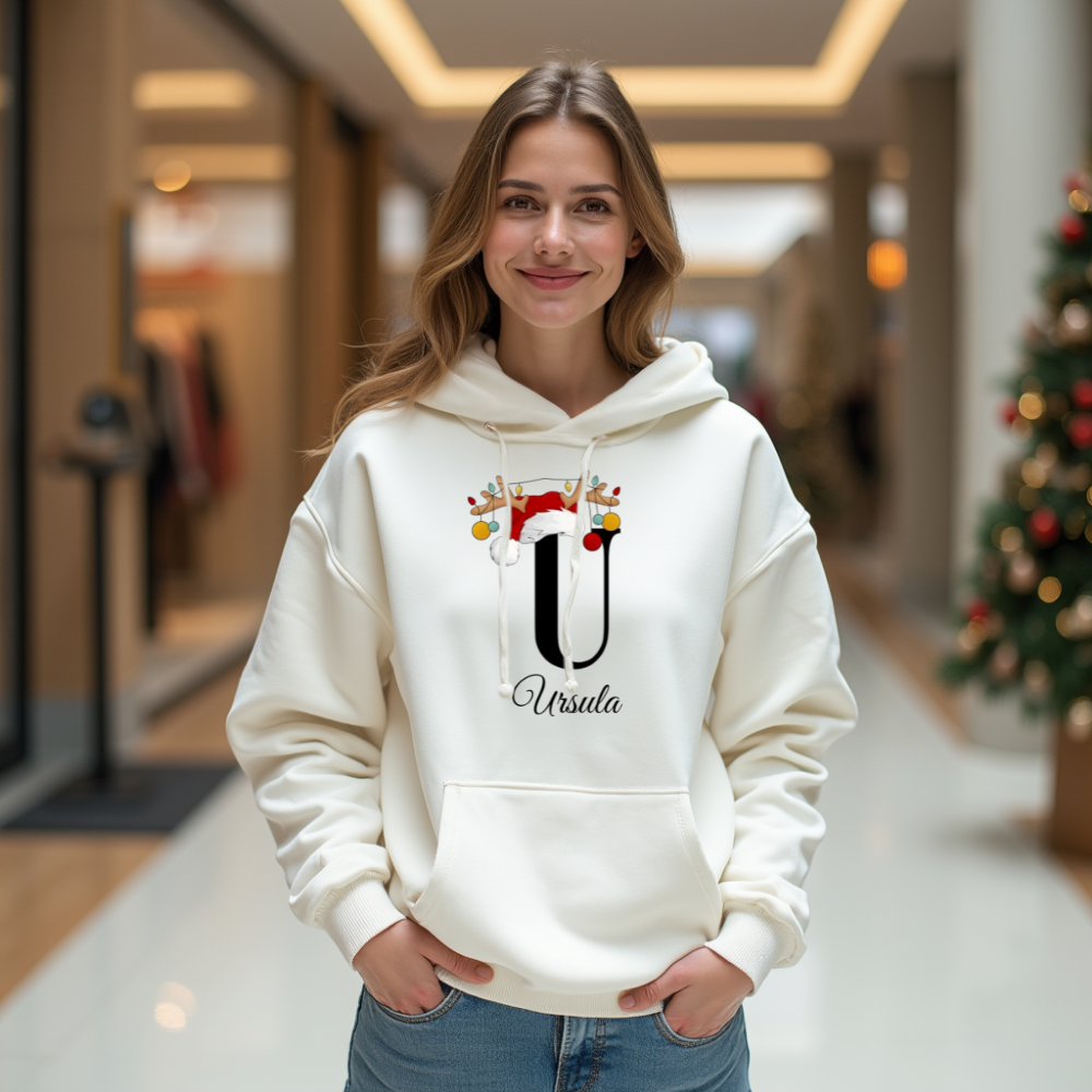 Auf dem Bild ist eine junge Frau zu sehen, die einen weißen Hoodie trägt. Auf dem Hoodie ist ein festliches Design mit einem großen schwarzen Buchstaben sowie der Namen „Ursula“ passend zum Buchstaben, in eleganter Schrift gedruckt. Über dem Buchstaben sind ein Rentiergeweih, ein Weihnachtsmann-Hut und bunte Kugeln als weihnachtliche Dekoration angebracht. Die Frau steht in einer belebten, unscharf abgebildeten Stadtstraße mit Lichtern und Menschen im Hintergrund, mit einer winterlichen, Atmosphäre. 