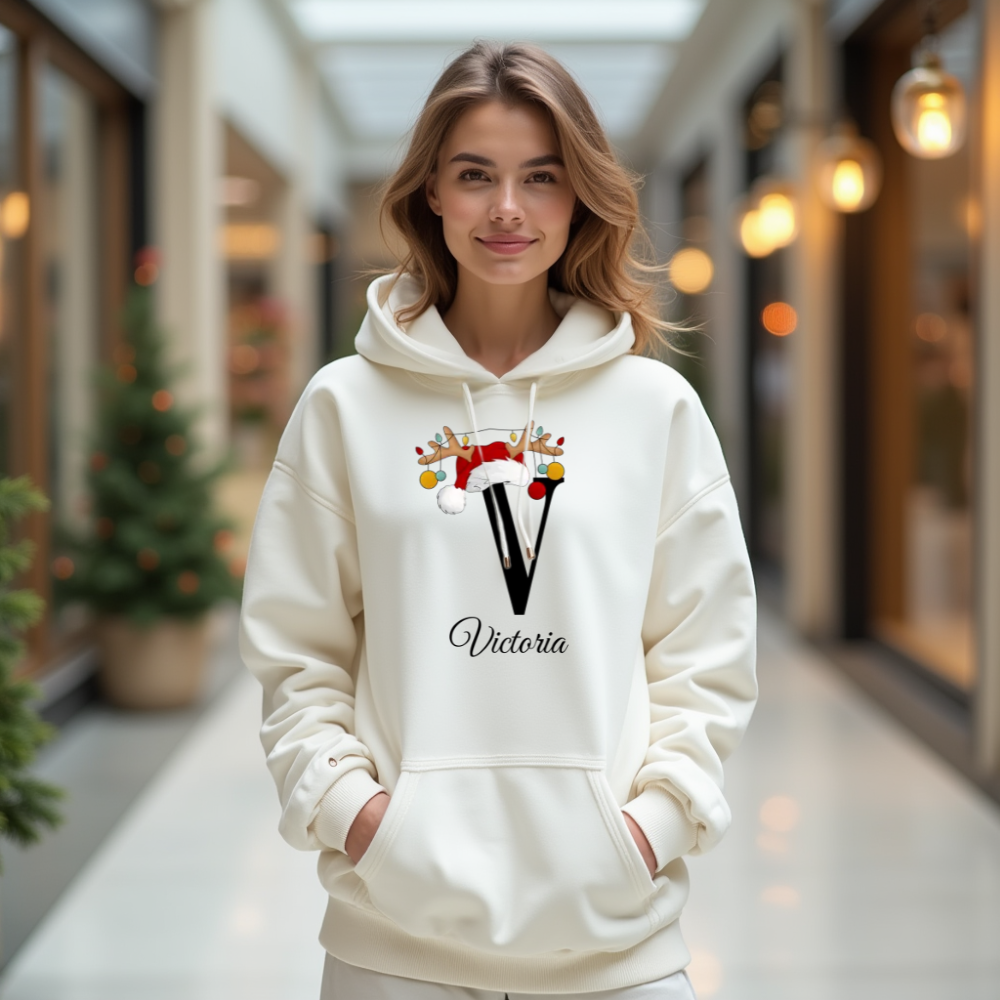 Auf dem Bild ist eine junge Frau zu sehen, die einen weißen Hoodie trägt. Auf dem Hoodie ist ein festliches Design mit einem großen schwarzen Buchstaben sowie der Namen „Victoria“ passend zum Buchstaben, in eleganter Schrift gedruckt. Über dem Buchstaben sind ein Rentiergeweih, ein Weihnachtsmann-Hut und bunte Kugeln als weihnachtliche Dekoration angebracht. Die Frau steht in einer belebten, unscharf abgebildeten Stadtstraße mit Lichtern und Menschen im Hintergrund, mit einer winterlichen, Atmosphäre. 