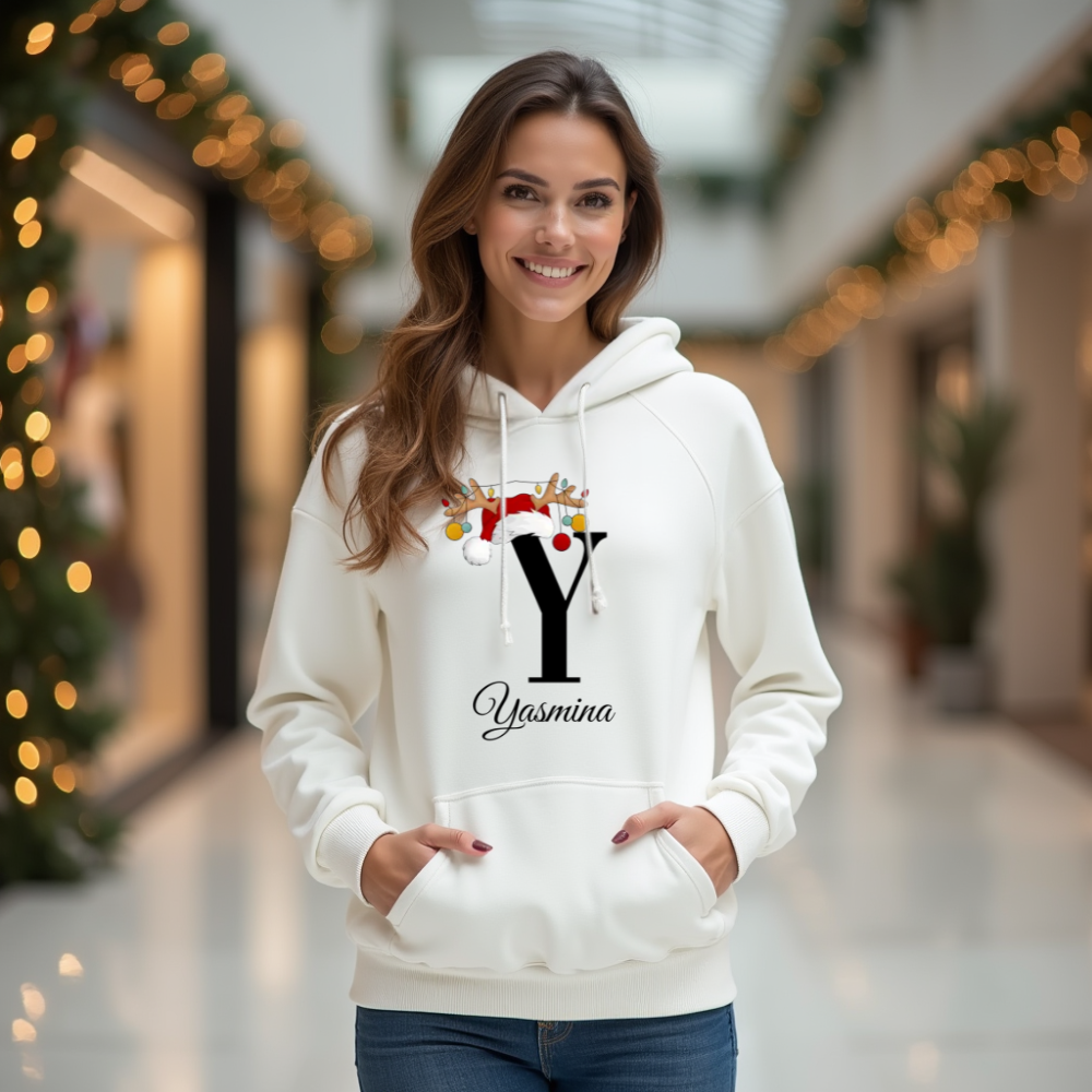 Eine junge Frau steht in einem festlich geschmückten Innenbereich und trägt einen weißen Hoodie mit einem personalisierten Weihnachtsdesign. Der Hoodie zeigt den Buchstaben "Y", der mit einem Weihnachtsmann-Hut und Rentiergeweihen dekoriert ist. An den Geweihen hängen bunte Kugeln. Unter dem Buchstaben steht der Name "Yasmina" in einer eleganten, geschwungenen Schrift. Die Frau lächelt in die Kamera und steckt ihre Hände lässig in die Taschen des Hoodies. Im Hintergrund sind unscharfe Weihnachtslichter und 